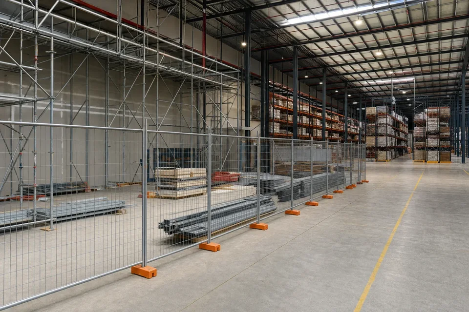 Temporary mesh fencing separating a scaffolded work area from live pallet racking and marked traffic aisles inside a working Perth warehouse