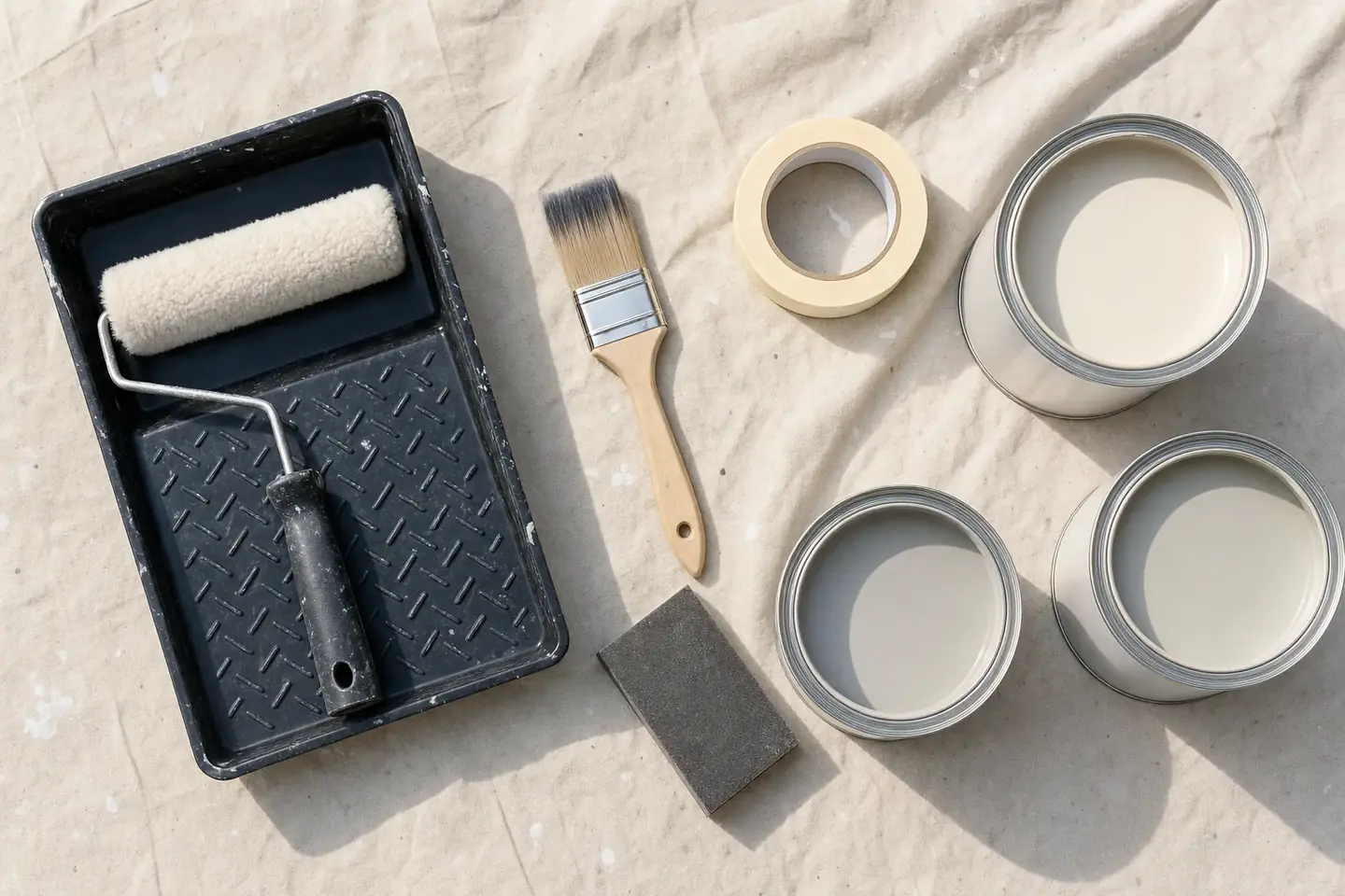 Roller, tray, cutting-in brush, sanding block and open paint tins laid out on a drop sheet