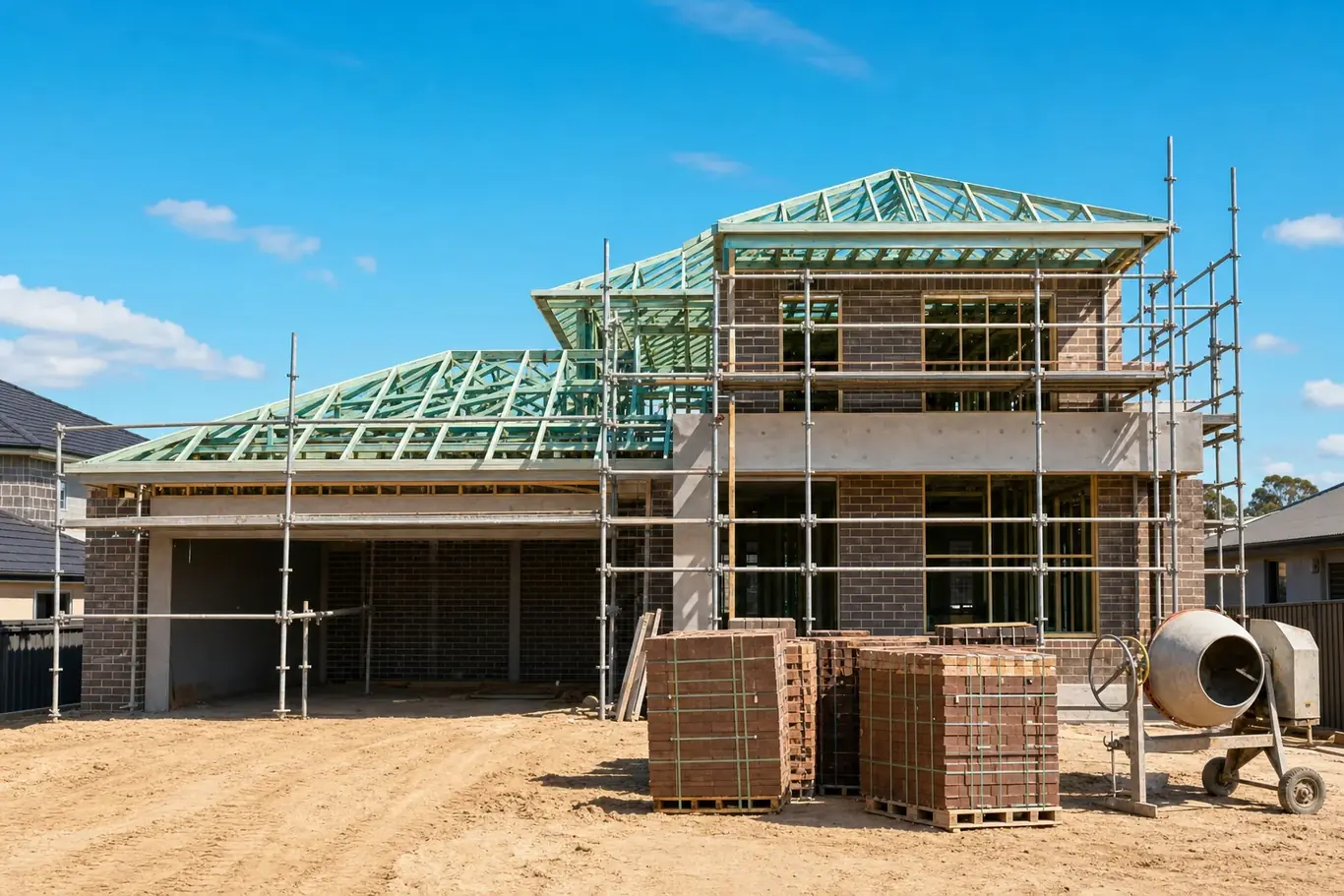 Double-brick residential house under construction in Perth with scaffolding and roof trusses in place