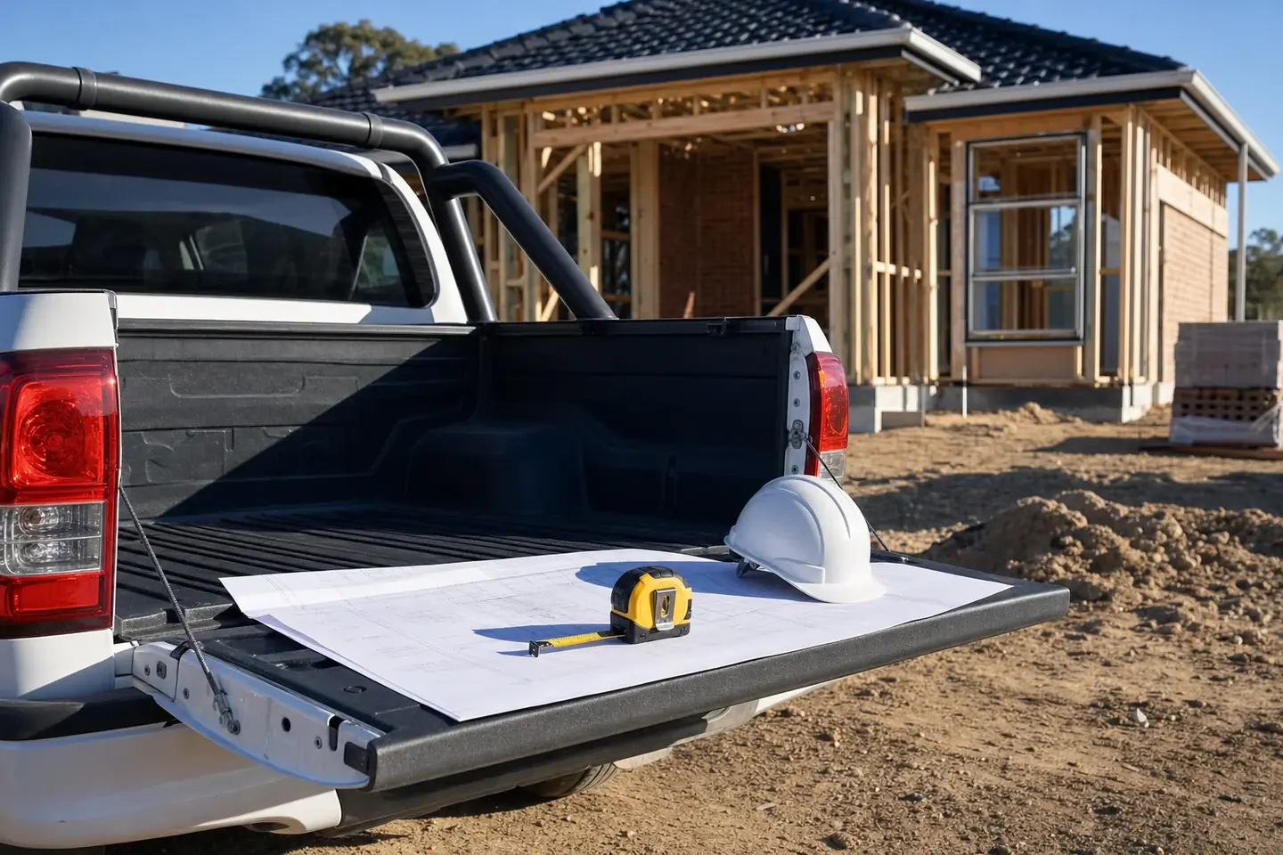 Construction drawings weighted down by a tape measure on a ute tailgate at a Perth building site