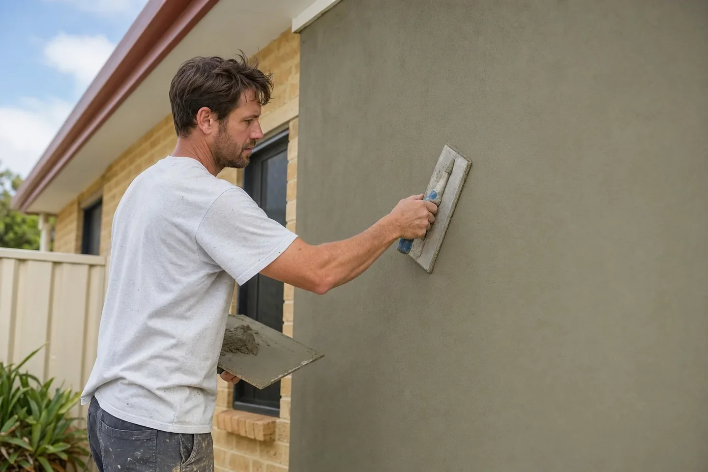 Tradesman applying cement render to a brick wall on a Perth home