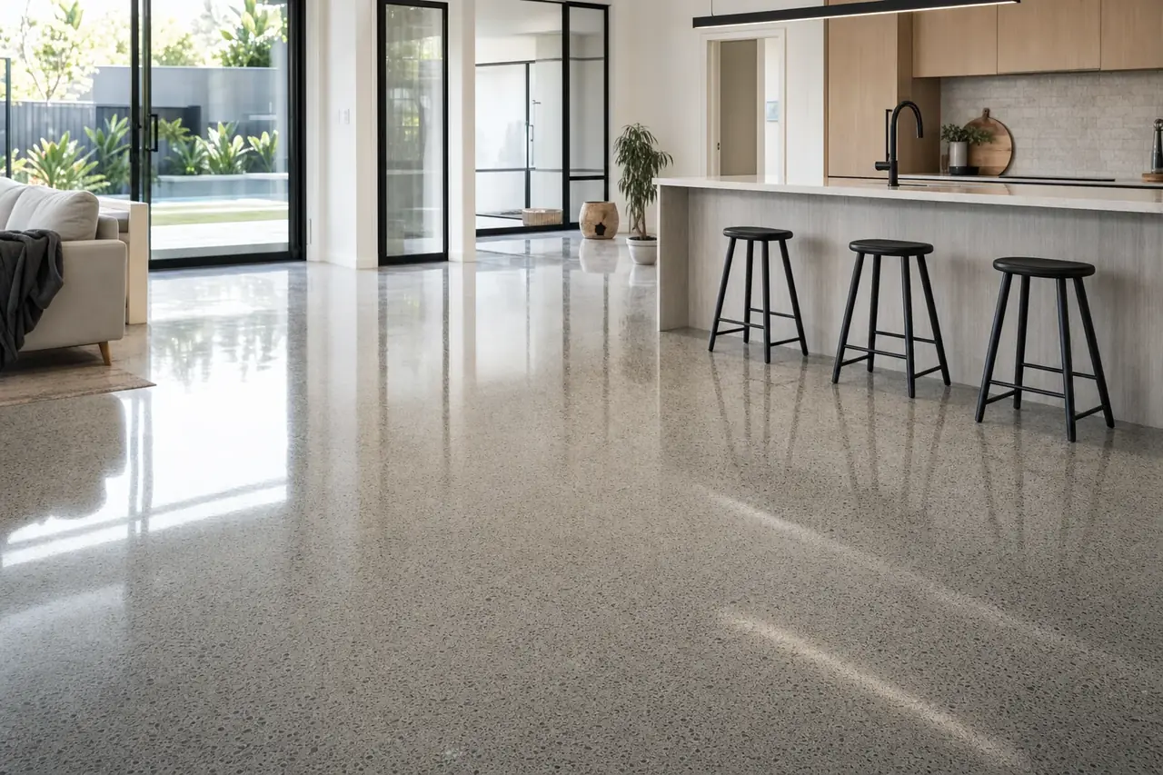 High-gloss polished concrete floor in a modern Perth home interior