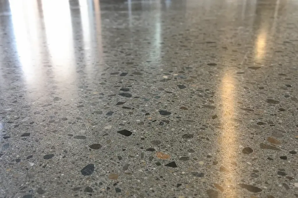 Close-up of a polished concrete floor showing exposed aggregate and a high-gloss sheen