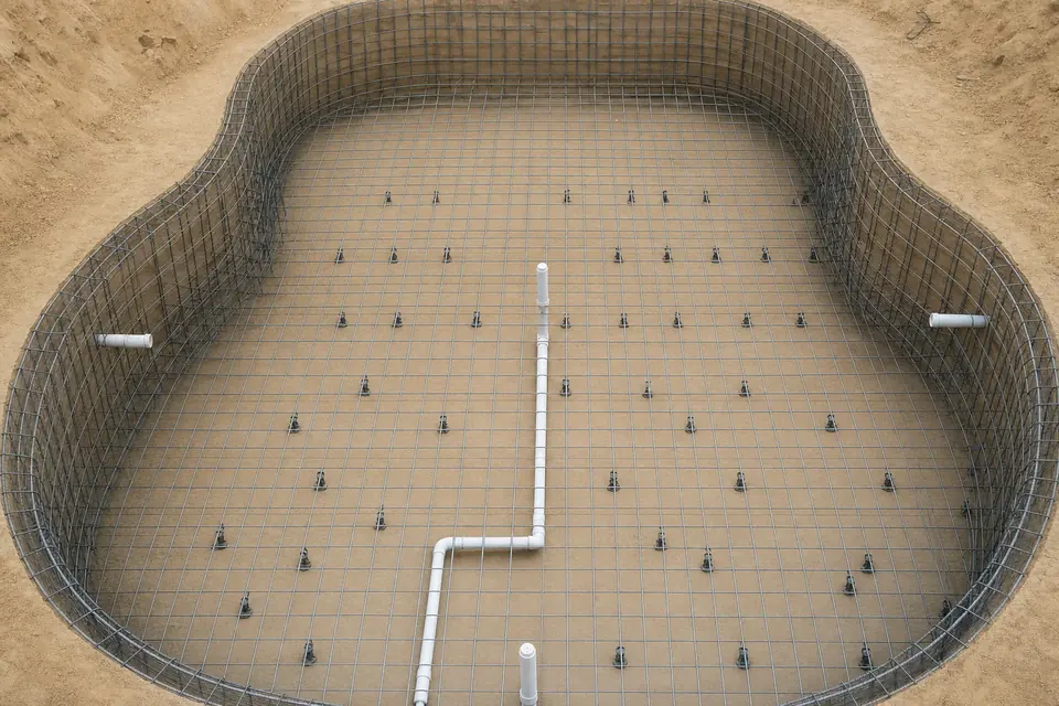 Steel reinforcement bar cage tied inside a shaped concrete pool shell with plumbing stubbed through the floor