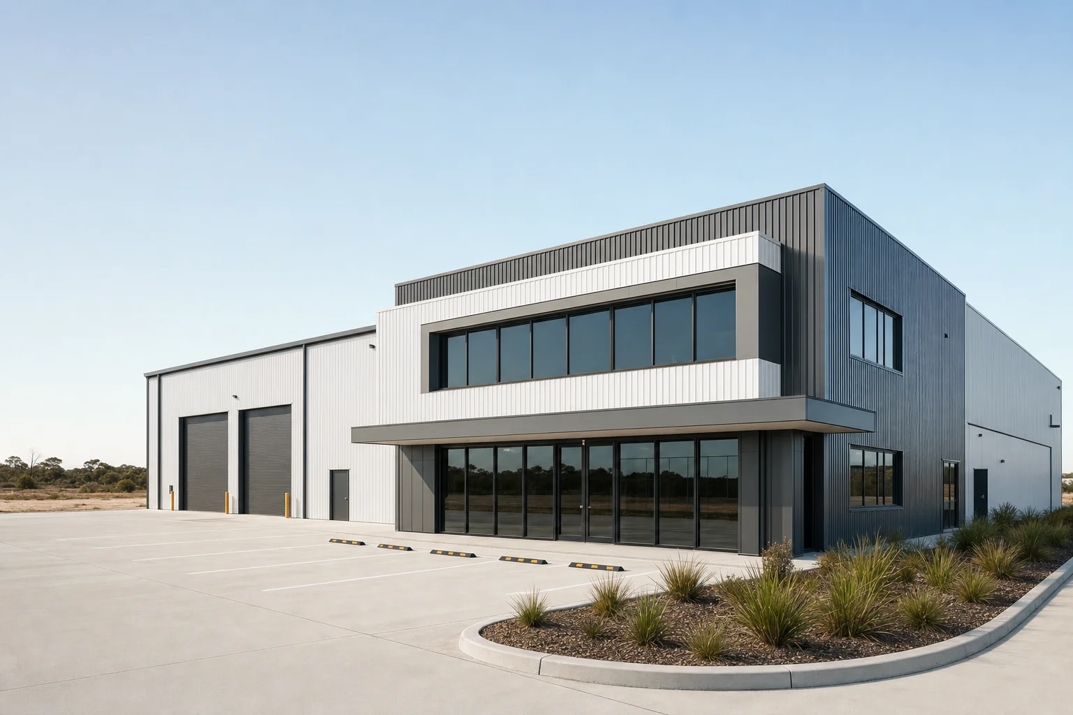 Newly completed office and warehouse building in an outer Perth industrial estate at practical completion, the concrete apron poured and the bays line-marked