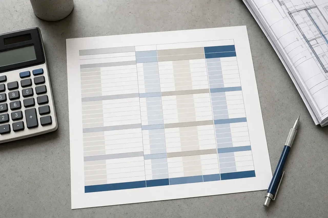 Printed construction cost breakdown on a desk beside a calculator and a folded set of drawings