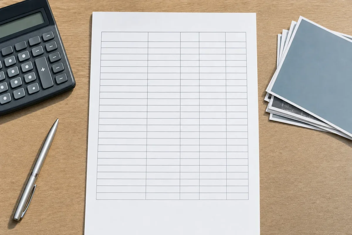 Printed claim schedule on a desk with a calculator, a pen and a stack of site photographs