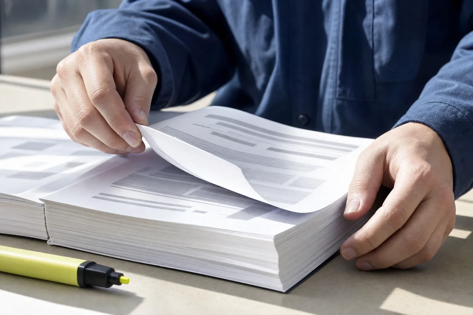Hands turning a page of a thick printed contract document with a highlighter resting alongside