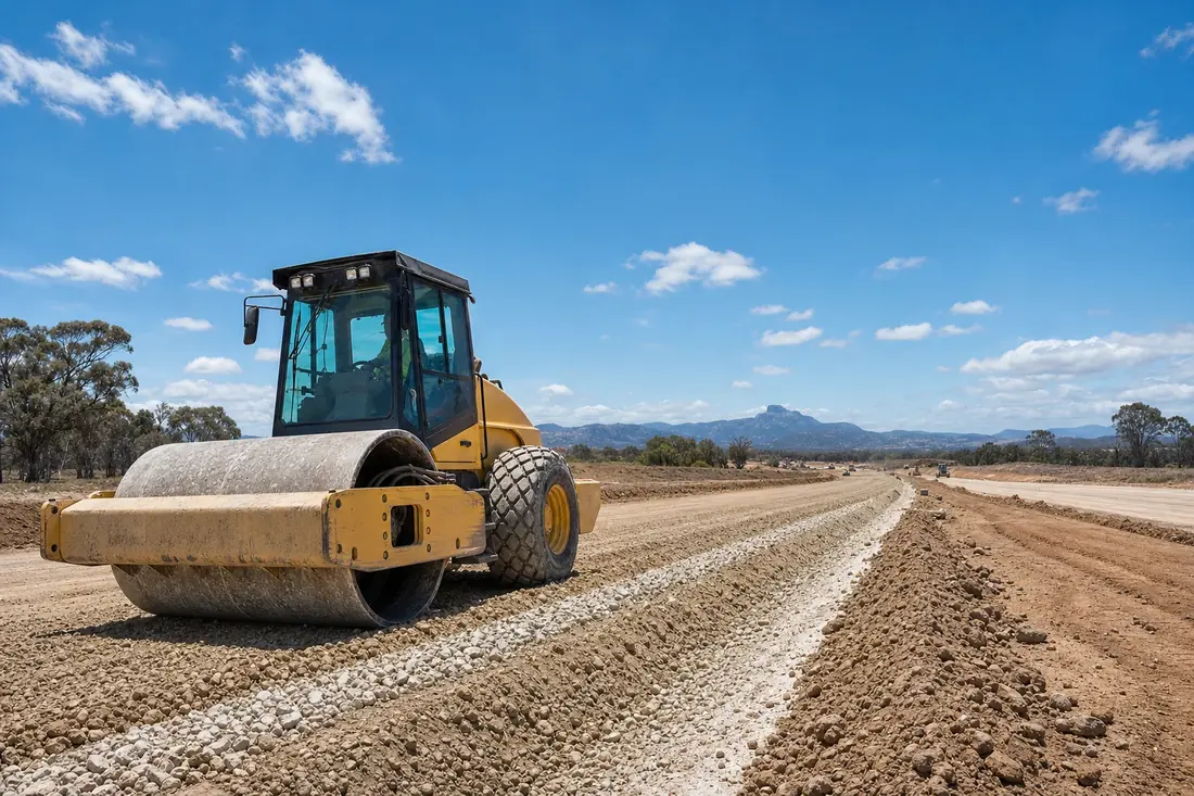 Smooth drum roller compacting crushed limestone base course along a new road corridor