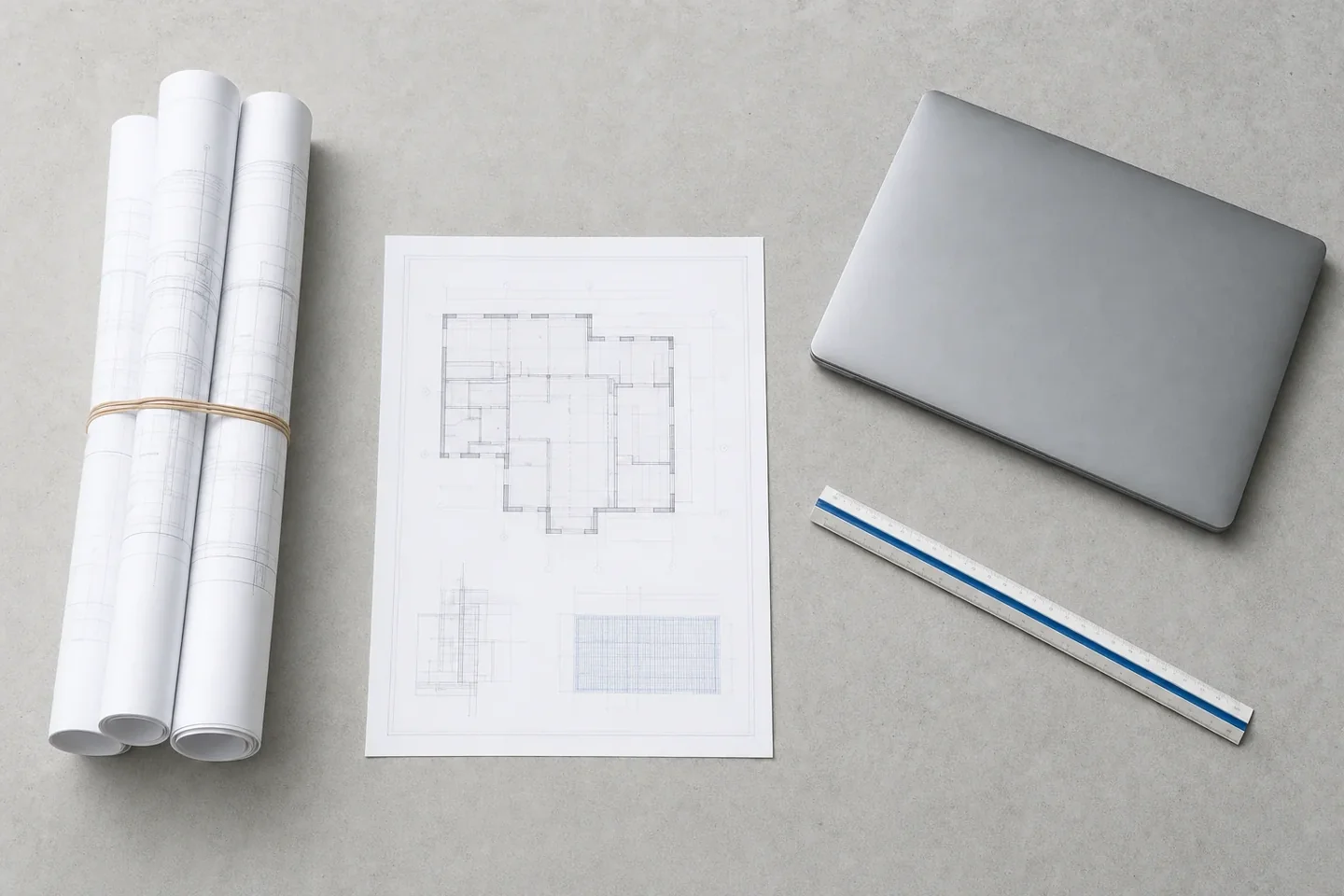 Rolled construction drawings, a scale rule and a laptop set out ready to send to an estimator