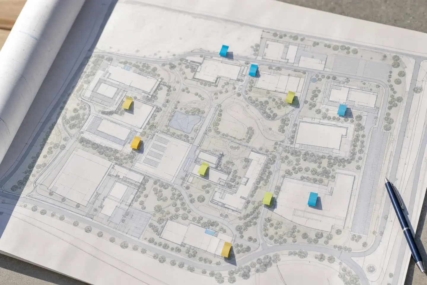Large site plan spread on a table with coloured sticky tabs marking several locations across it