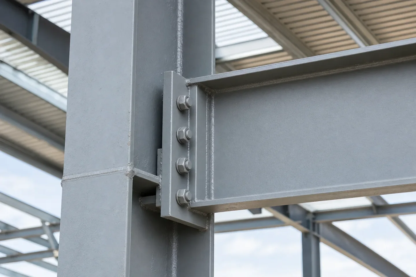 Bolted end-plate connection where a coated steel beam meets a column on a Perth industrial building, the bolts, cleat and weld seams visible
