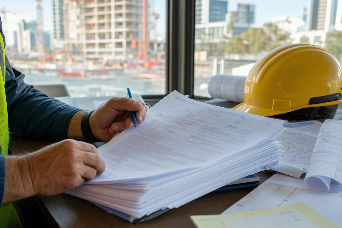 Perth builder reviewing a thick commercial construction subcontract with a pen at a site desk