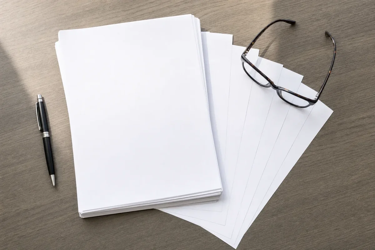 Thick printed subcontract document with pages fanned out on a desk beside a pen and reading glasses