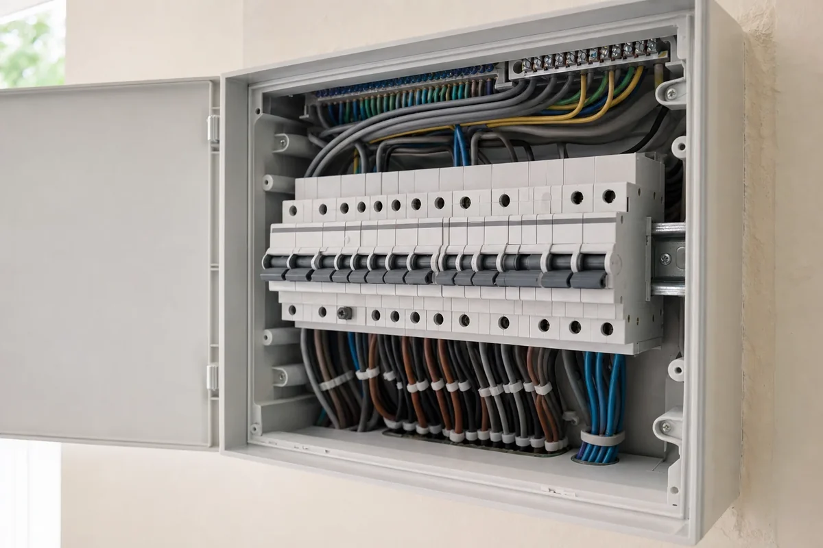 Open residential switchboard with two rows of circuit breakers on din rail and the cabling dressed in below them