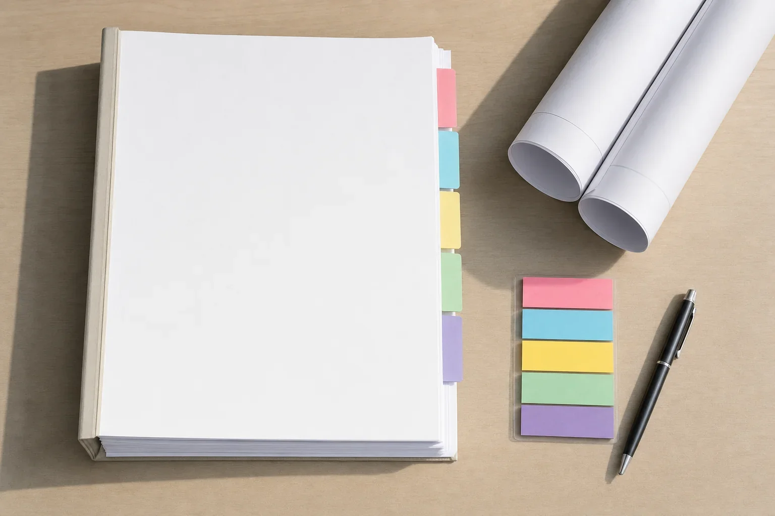 Bound tender document set beside rolled drawings, coloured index tabs and a pen on a desk