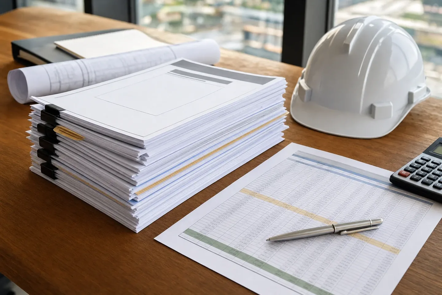 Construction tender documents and a priced estimate on a Perth desk