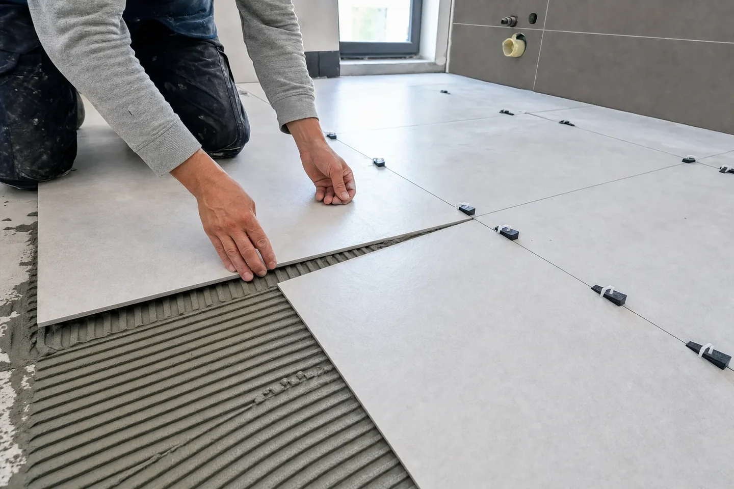 Large format floor tiles being laid in a modern Perth bathroom