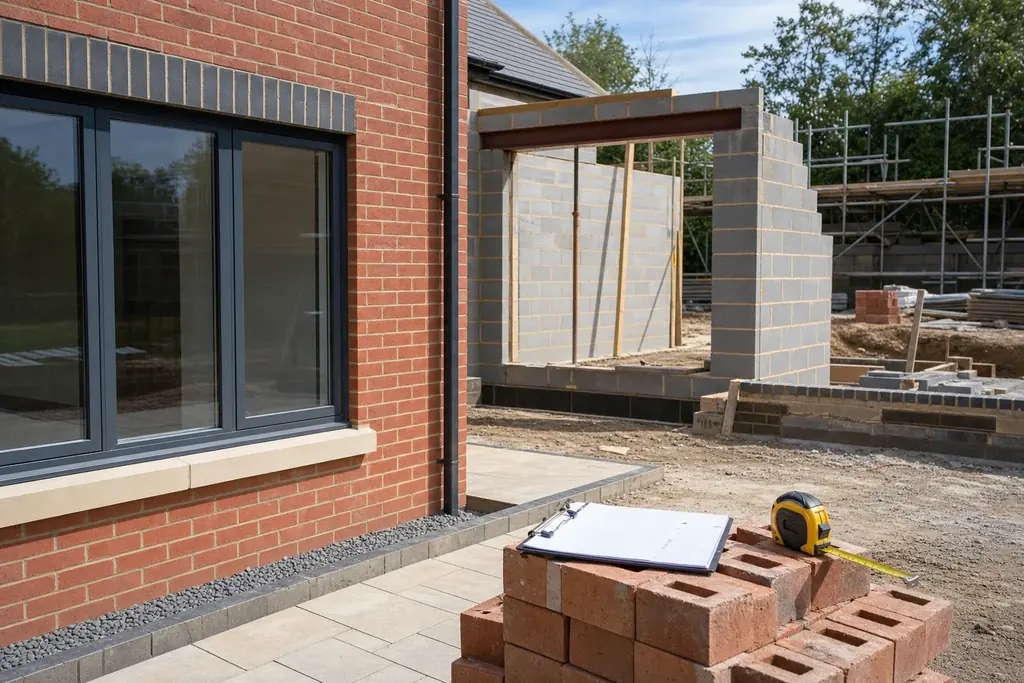 Partly completed residential building site with finished work in the foreground and a measuring tape on stacked bricks